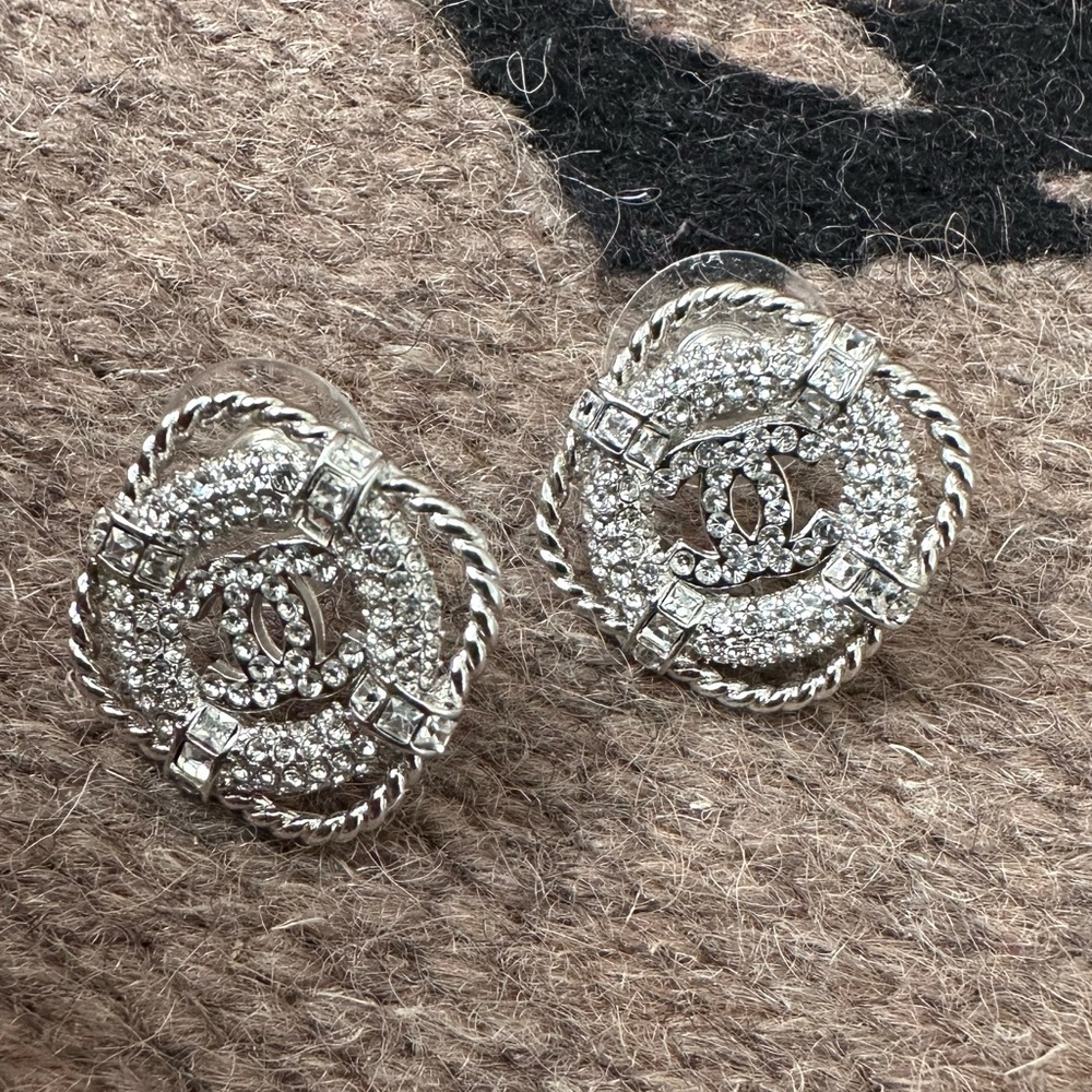 100% Authentic CHANEL CC Logo Lifesaver CZ Crystal Stud Earrings B19